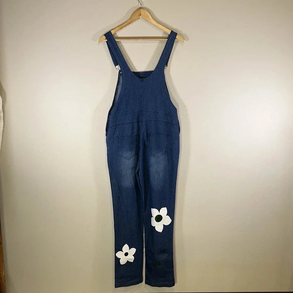 Misslook Painted Flowers Denim Bib Overalls Women Size Medium Casual Boho Hippie - Picture 3 of 7